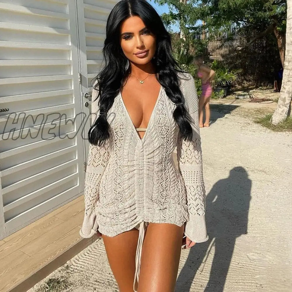 Hnewly Women Deep V-Neck Hollow Out Sexy Knitted Dresses Solid Long Sleeve Drawstring Mini Dress