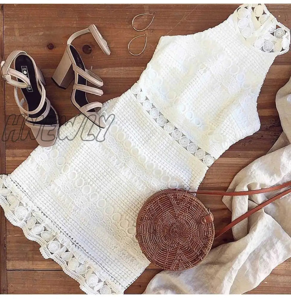 Hnewly Women Dress Sexy White Lace Stitching Hollow Out Party Dresses Elegant Short Mini Summer