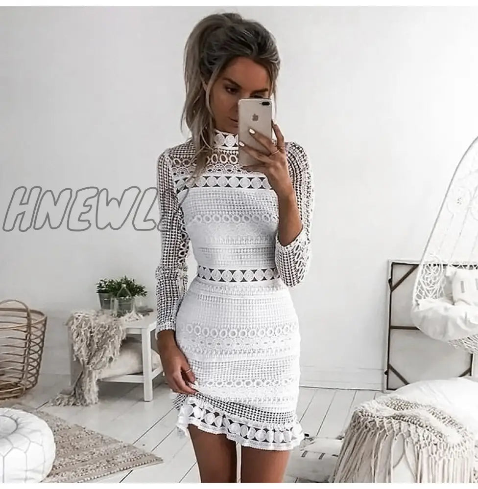 Hnewly Women Dress Sexy White Lace Stitching Hollow Out Party Dresses Elegant Short Mini Summer