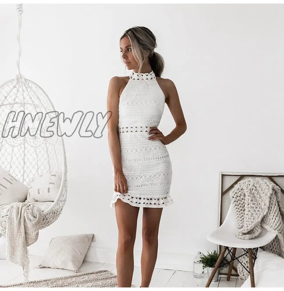 Hnewly Women Dress Sexy White Lace Stitching Hollow Out Party Dresses Elegant Short Mini Summer