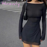 Hnewly Women Elegant Black Mesh Mini Dress Streetwear Chic Sexy Backless Full Sleeve Dresses 90s Vintage Holiday Indie Graphic Clothing