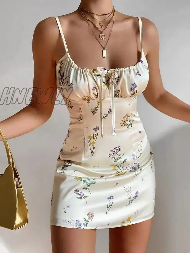 Hnewly Women Elegant Bow Tie-Up Wrap Slim Dress Summer Sexy Floral Printed Sling Fashion Hollow