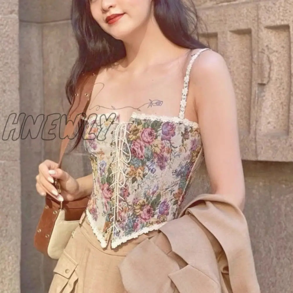 Hnewly Women Elegant Designer French Vintage Print Halter Tops Chic Bandage Floral Corset Shirts