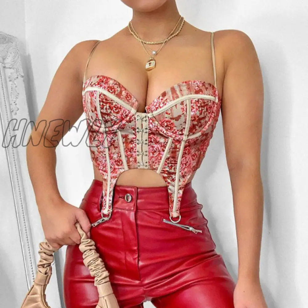 Hnewly Women Elegant Designer French Vintage Print Halter Tops Chic Bandage Floral Corset Shirts