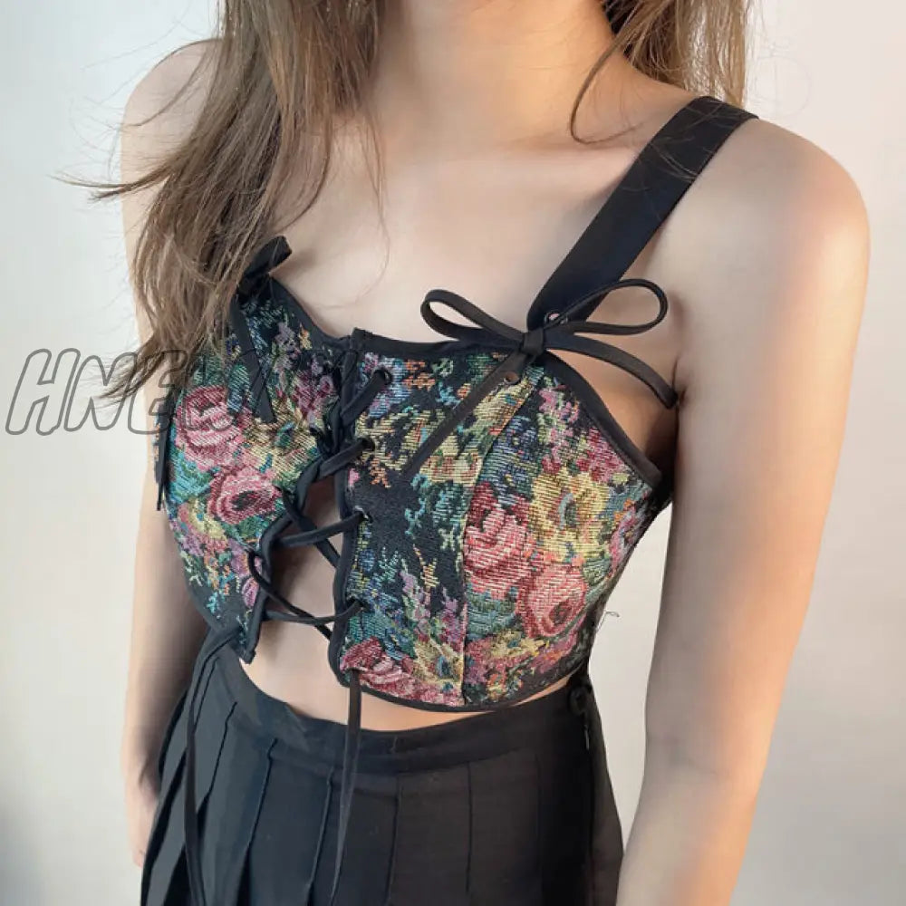 Hnewly Women Elegant Designer French Vintage Print Halter Tops Chic Bandage Floral Corset Shirts