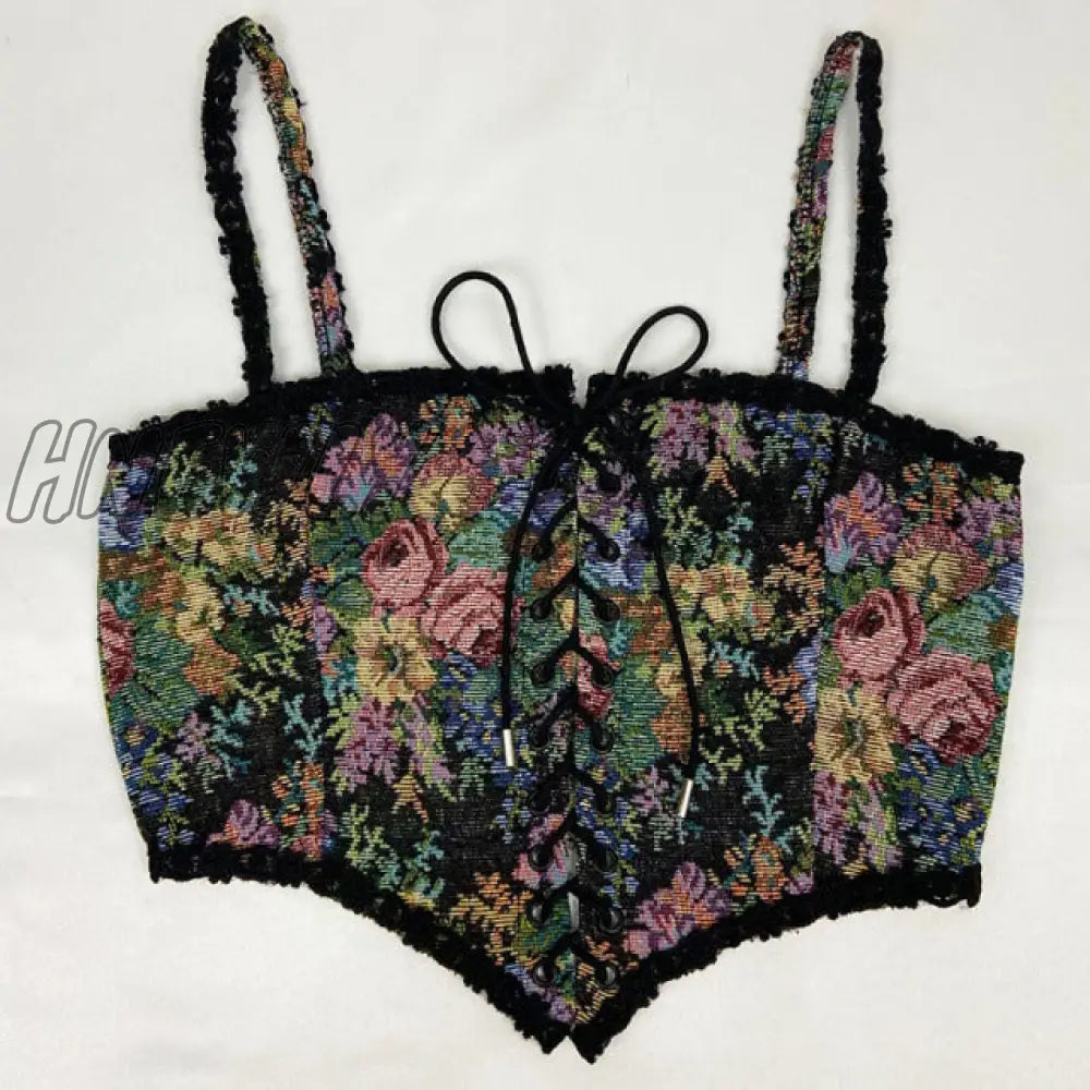 Hnewly Women Elegant Designer French Vintage Print Halter Tops Chic Bandage Floral Corset Shirts