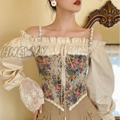Hnewly Women Elegant Designer French Vintage Print Halter Tops Chic Bandage Floral Corset Shirts