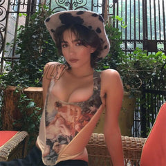 Hnewly Women Elegant Designer French Vintage Print Halter Tops Chic Bandage Floral Corset Shirts