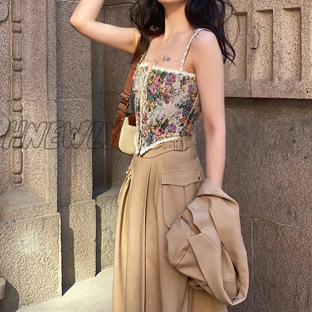 Hnewly Women Elegant Designer French Vintage Print Halter Tops Chic Bandage Floral Corset Shirts