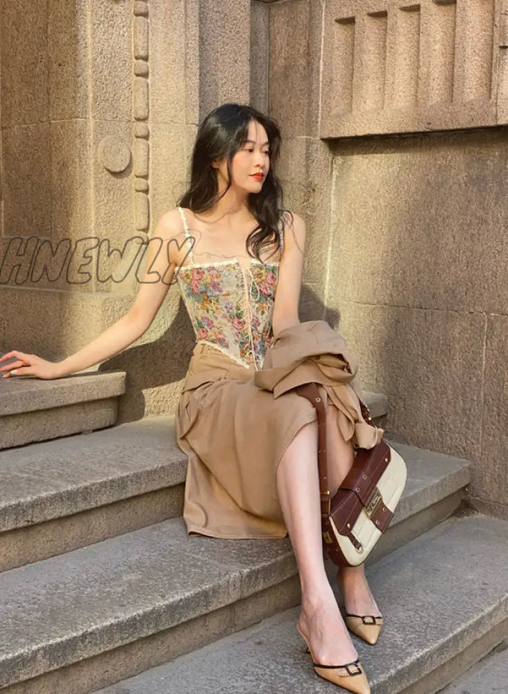Hnewly Women Elegant Designer French Vintage Print Halter Tops Chic Bandage Floral Corset Shirts