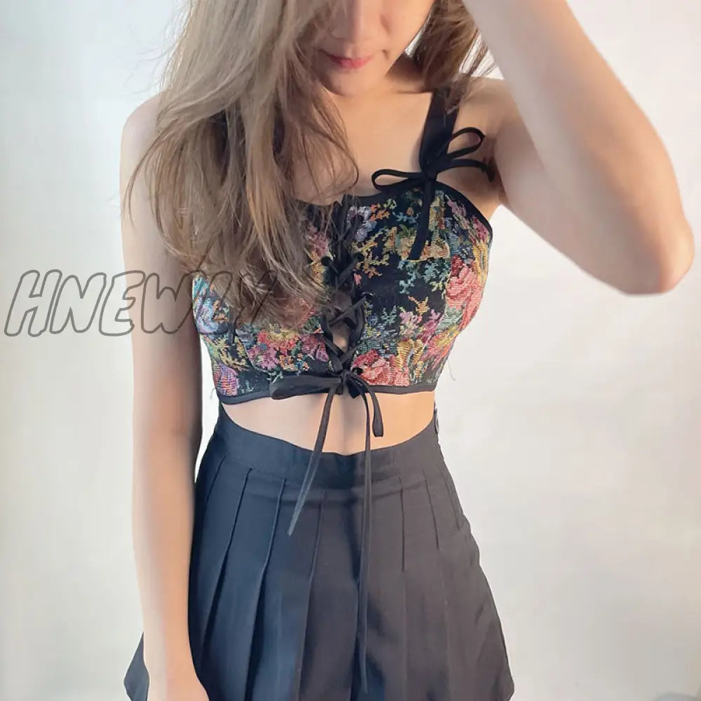 Hnewly Women Elegant Designer French Vintage Print Halter Tops Chic Bandage Floral Corset Shirts