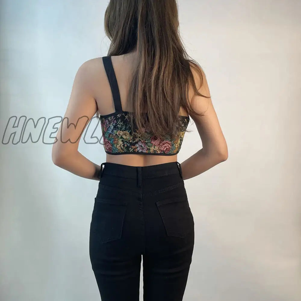 Hnewly Women Elegant Designer French Vintage Print Halter Tops Chic Bandage Floral Corset Shirts