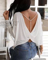 Hnewly Women Elegant Fashion Casual Long Sleeve Blouse Beaded Backless Sexy Tops Spring Outfits