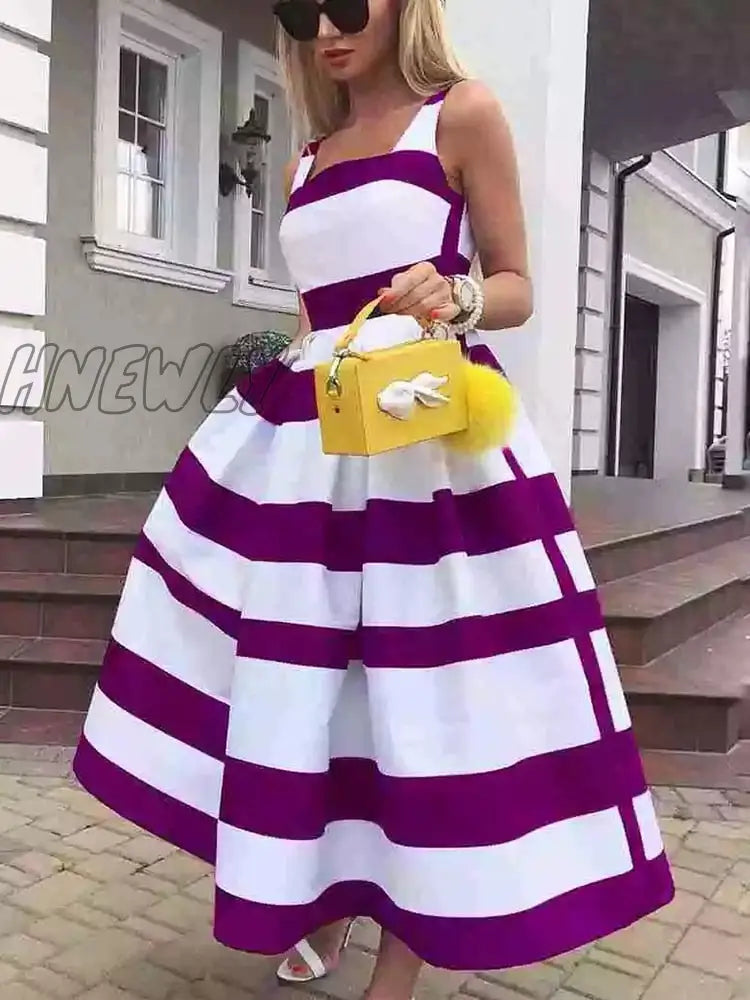 Hnewly Women Elegant Off Shoulder Long Party Dress New Summer Striped Print Sleeveless Fashion Chic