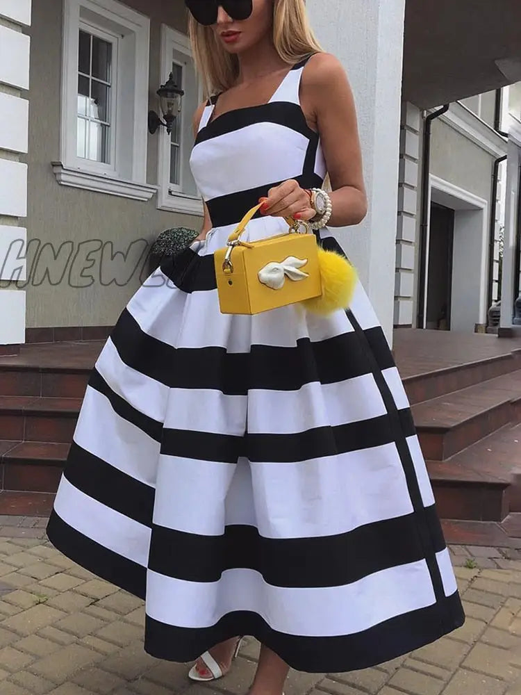 Hnewly Women Elegant Off Shoulder Long Party Dress New Summer Striped Print Sleeveless Fashion Chic