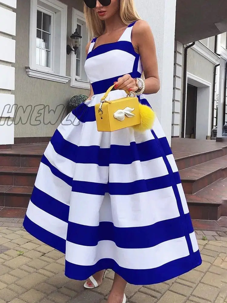 Hnewly Women Elegant Off Shoulder Long Party Dress New Summer Striped Print Sleeveless Fashion Chic