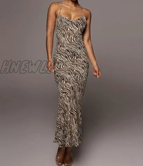 Hnewly Women Elegant Sexy Backless Zebra Stripes Maxi Dress Female Summer Halter Sleeveless Club