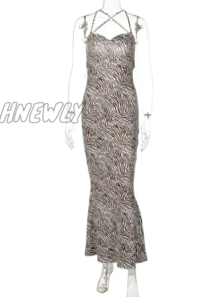 Hnewly Women Elegant Sexy Backless Zebra Stripes Maxi Dress Female Summer Halter Sleeveless Club