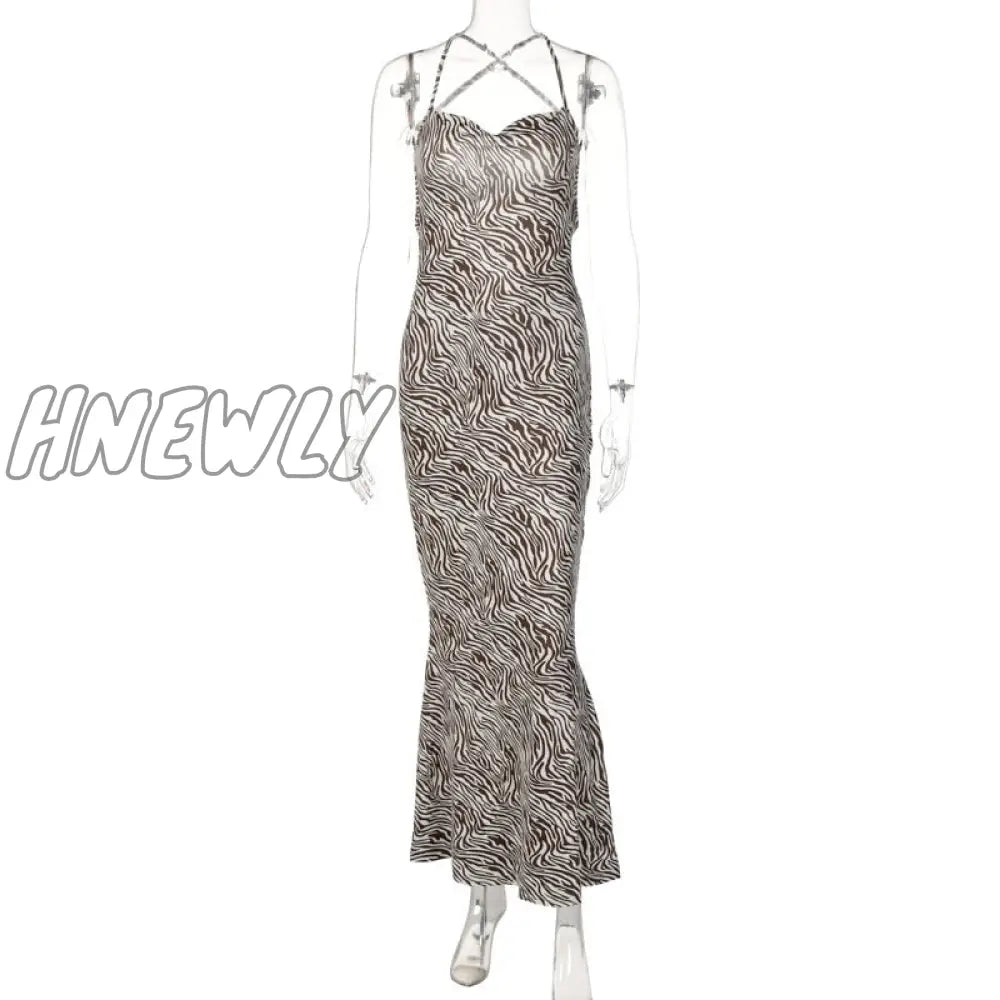Hnewly Women Elegant Sexy Backless Zebra Stripes Maxi Dress Female Summer Halter Sleeveless Club