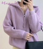 Hnewly Women Fall Sweater Oversized Winter Pullover V Neck Long Sleeve Tops With Half Zip Knitted