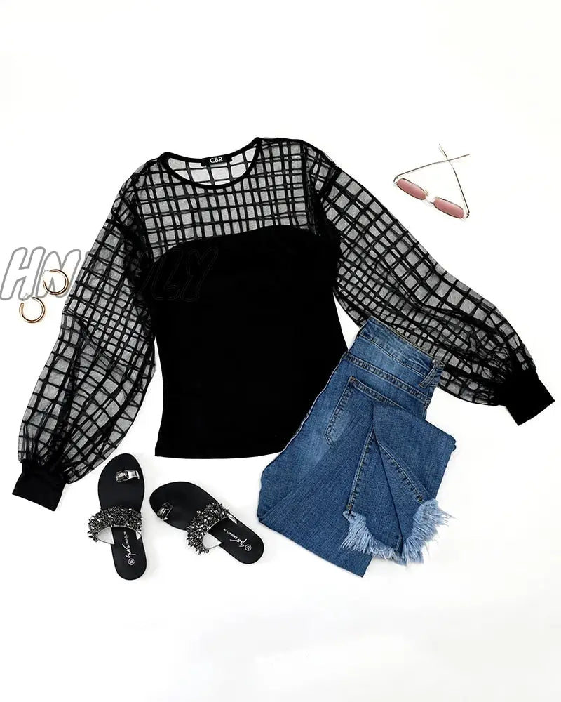 Hnewly Women Fashion Black Patchwork Sheer Shirt Female Long Sleeve Top Oversize Brief Sheer Grid