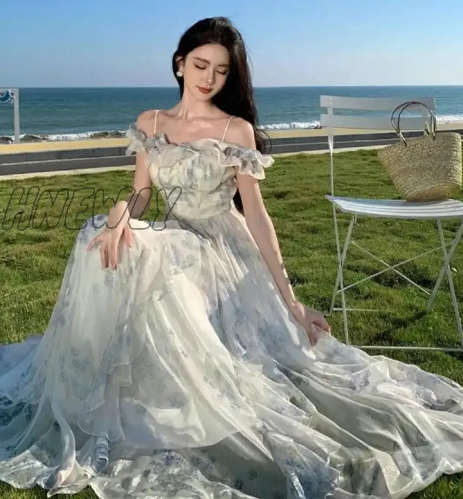 Hnewly Women Fashion Bohemian Print Long Dresses France Elegant Ruffles Strap Beach Holiday