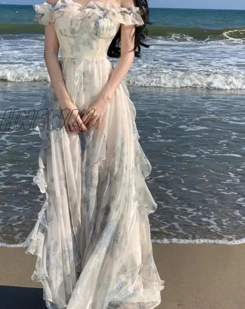 Hnewly Women Fashion Bohemian Print Long Dresses France Elegant Ruffles Strap Beach Holiday