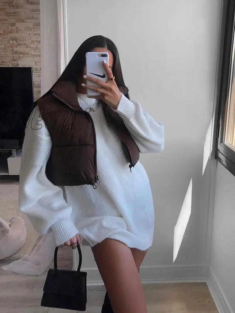 Hnewly Women Fashion Brown Cropped Vest Coat Female Stand Collar Zipper Waistcoat Ladies Casual