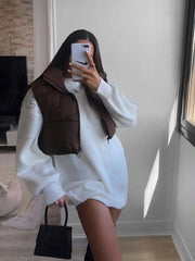 Hnewly Women Fashion Brown Cropped Vest Coat Female Stand Collar Zipper Waistcoat Ladies Casual