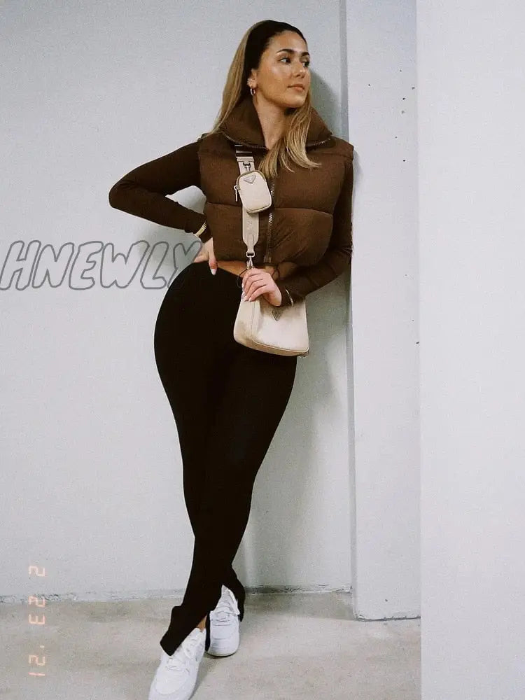 Hnewly Women Fashion Brown Cropped Vest Coat Female Stand Collar Zipper Waistcoat Ladies Casual