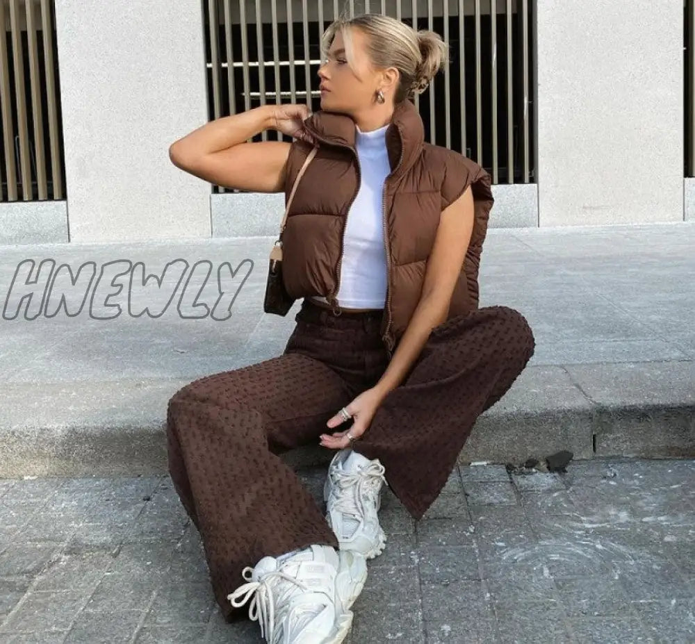 Hnewly Women Fashion Brown Cropped Vest Coat Female Stand Collar Zipper Waistcoat Ladies Casual