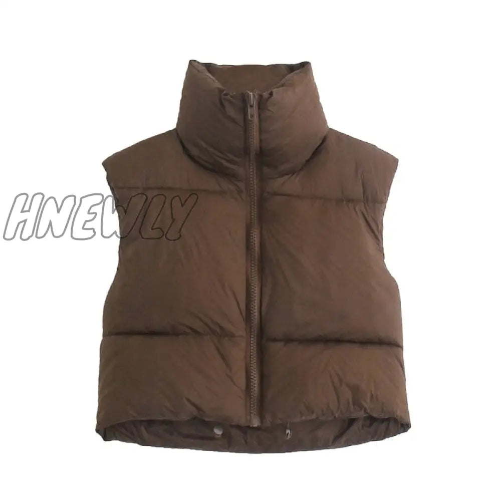 Hnewly Women Fashion Brown Cropped Vest Coat Female Stand Collar Zipper Waistcoat Ladies Casual