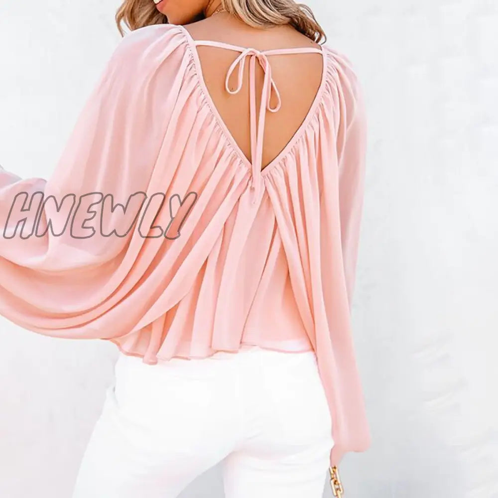 Hnewly Women Fashion Casual Long Sleeve Loose Fit Blouse V Neck Batwing Backless Sexy Tops Spring