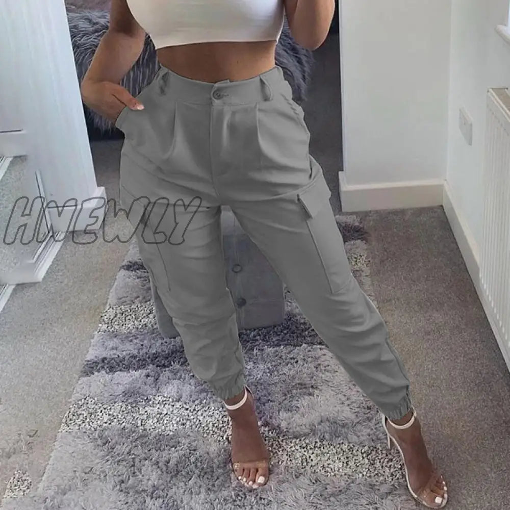 Hnewly Women Fashion Casual Pants Trousers Solid Cargo Pocket Design High Waist Classic Style Gray
