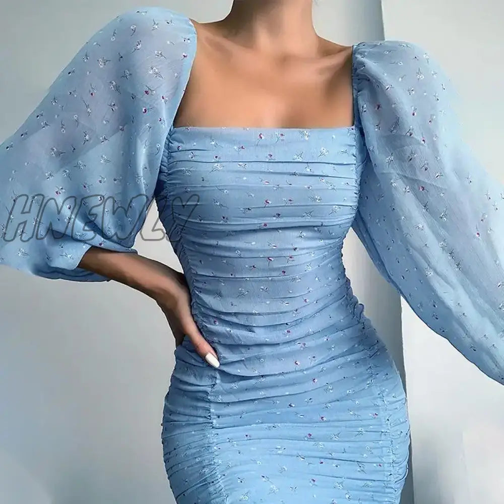 Hnewly Women Fashion Dresses French Square Neck Puff Sleeve Pleated Tight Chiffon Print Mini Dress
