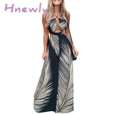 Hnewly Women Fashion Elegant Sleeveless Partywear Jumpsuits Formal Party Romper Leaf Print Cut-Out
