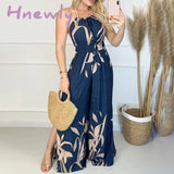 Hnewly Women Fashion Elegant Sleeveless Partywear Jumpsuits Overalls Formal Party Romper Print Halter Slit Wide-legs Party Jumpsuit Trendy Summer Fits