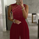 Hnewly Women Fashion Elegant Sleevless Partywear Jumpsuits Formal Party Romper Studded Wide-Leg