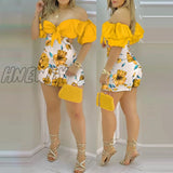 Hnewly Women Fashion Off Shoulder Party Mini Romper Female Floral Print Playsuit Knotted Skorts