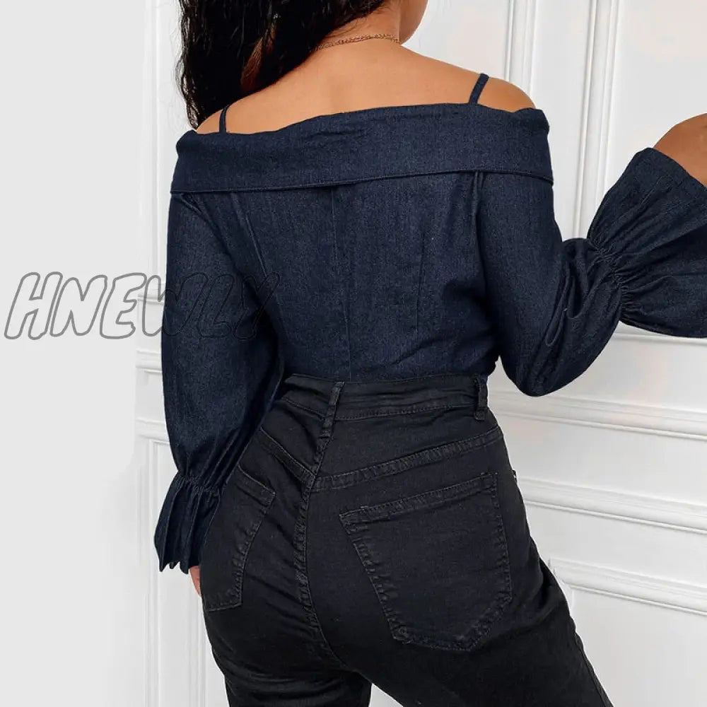 Hnewly Women Fashion Solid Shirt Lady Off Shoulder Half Flare Sleeve Blouse Wrap Casual Shirts