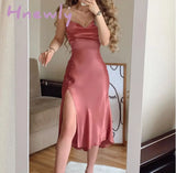 Hnewly Women Fashion Spaghetti Strap Midi Dress Slip Sexy Slim Fit Bodycon High Slit Party Trendy