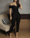 Hnewly Women Fashion Spaghetti Strap V-Cut Ruffles Jumpsuits Solid Color Casual Long Ronpers Outfis