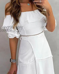 Hnewly Women Fashion Two-Piece Dress Holiday Vacation Flounce Hem Skirt Off Shoulder Ruffle Tops &
