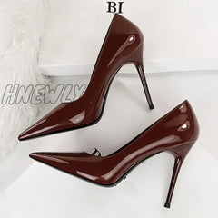 Hnewly Women Fetish 10Cm High Heels Nude Pumps Wedding Bridal Stiletto Sexy Wine Red Lady Scarpins
