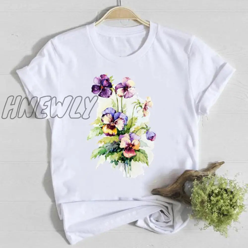 Hnewly Women Flower Short Sleeve Print Floral Watercolor Clothes Summer Shirt T-Shirts Top T