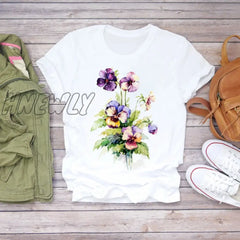 Hnewly Women Flower Short Sleeve Print Floral Watercolor Clothes Summer Shirt T-Shirts Top T