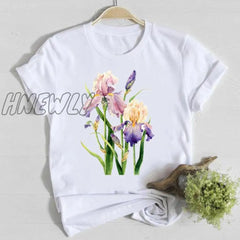 Hnewly Women Flower Short Sleeve Print Floral Watercolor Clothes Summer Shirt T-Shirts Top T