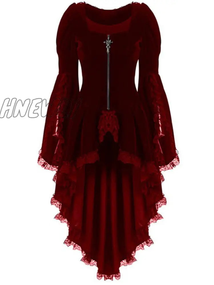 Hnewly Women Gothic Long Sleeve Lace Stitching Velvet Tuxedo Jacket Medieval Aristocratic Ladies