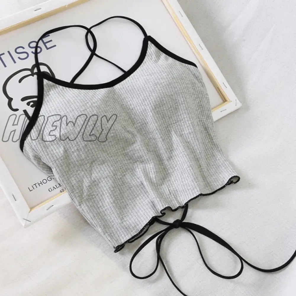 Hnewly Women Halter Tops Backless Bandage Sexy Crop Lingerie Underwear Padded Cotton Summer Grey /