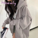Hnewly Women Harajuku Korean Version Hoodie Female Vintage Solid Long Sleeve Loose Coats Y2K Casual